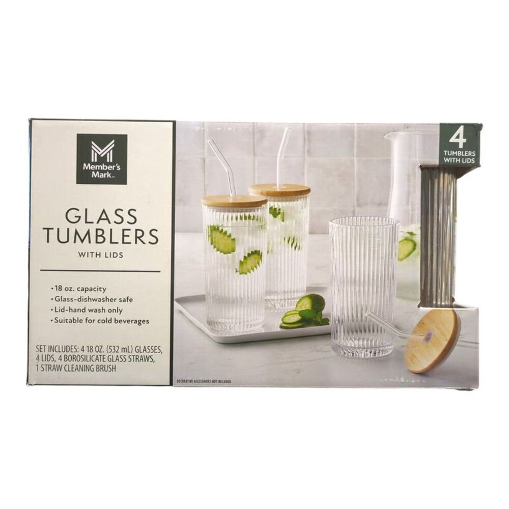Member's Mark 18oz Glass Tumblers with Lids & Glass Straws, 4pk - Clear